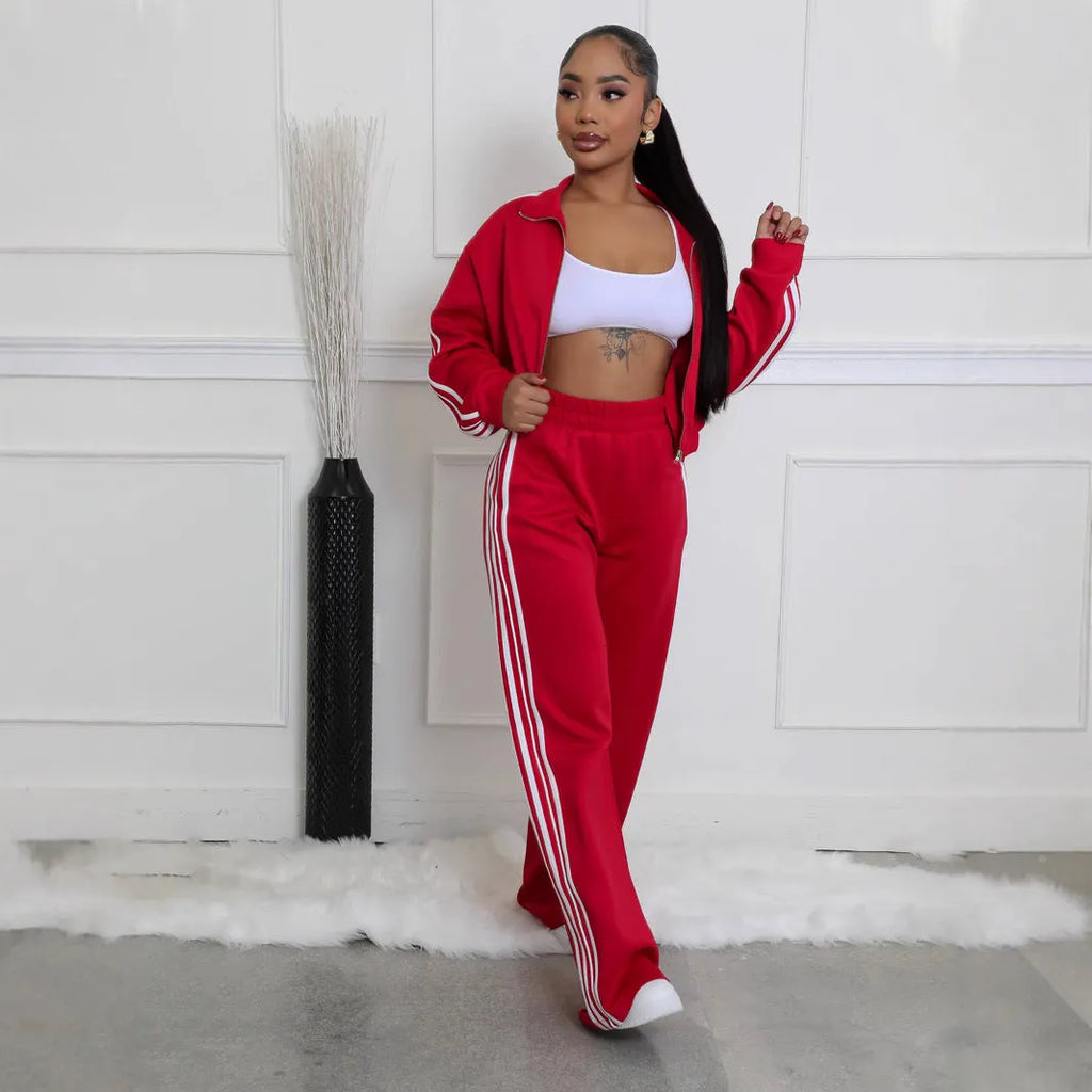 Striped two-piece zipper sweater set in polyester fabric with street hipster styling