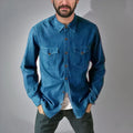 Men's regular fit denim cardigan coat in khaki, black, blue, or grey with button front.