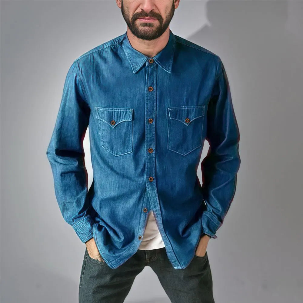 Men's regular fit denim cardigan coat in khaki, black, blue, or grey with button front.