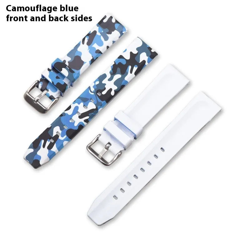 Green camouflage silicone watch strap with flat head lugs shown next to blue and grey versions.