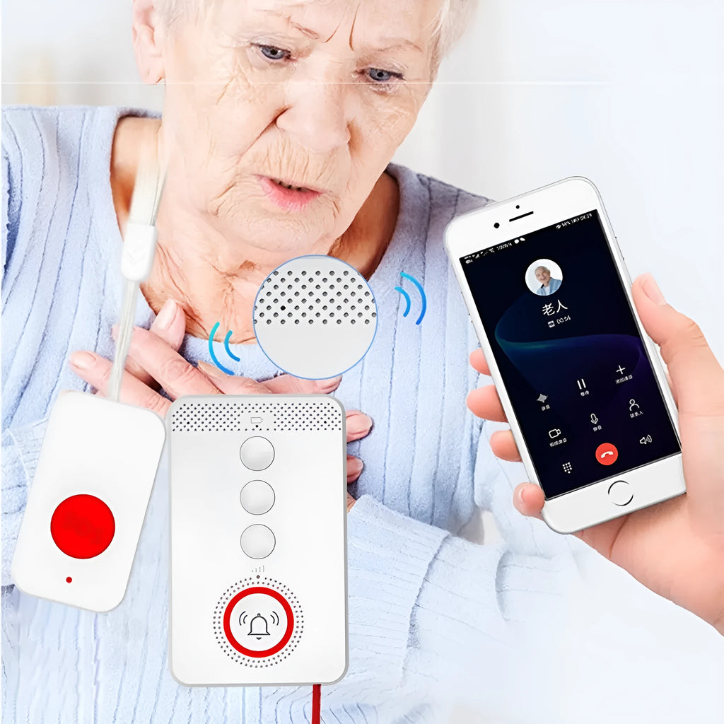 White elderly emergency alert device with wireless buzzer and three emergency buttons for home safety