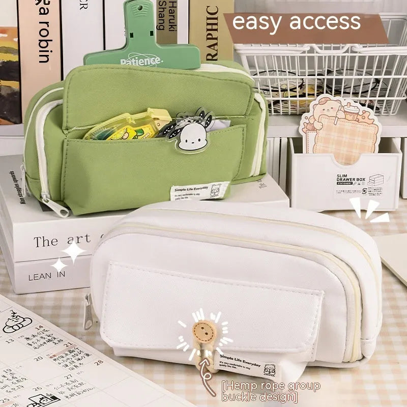 Canvas button pencil case in green colour showing large capacity for approximately 80 pens with Korean style design
