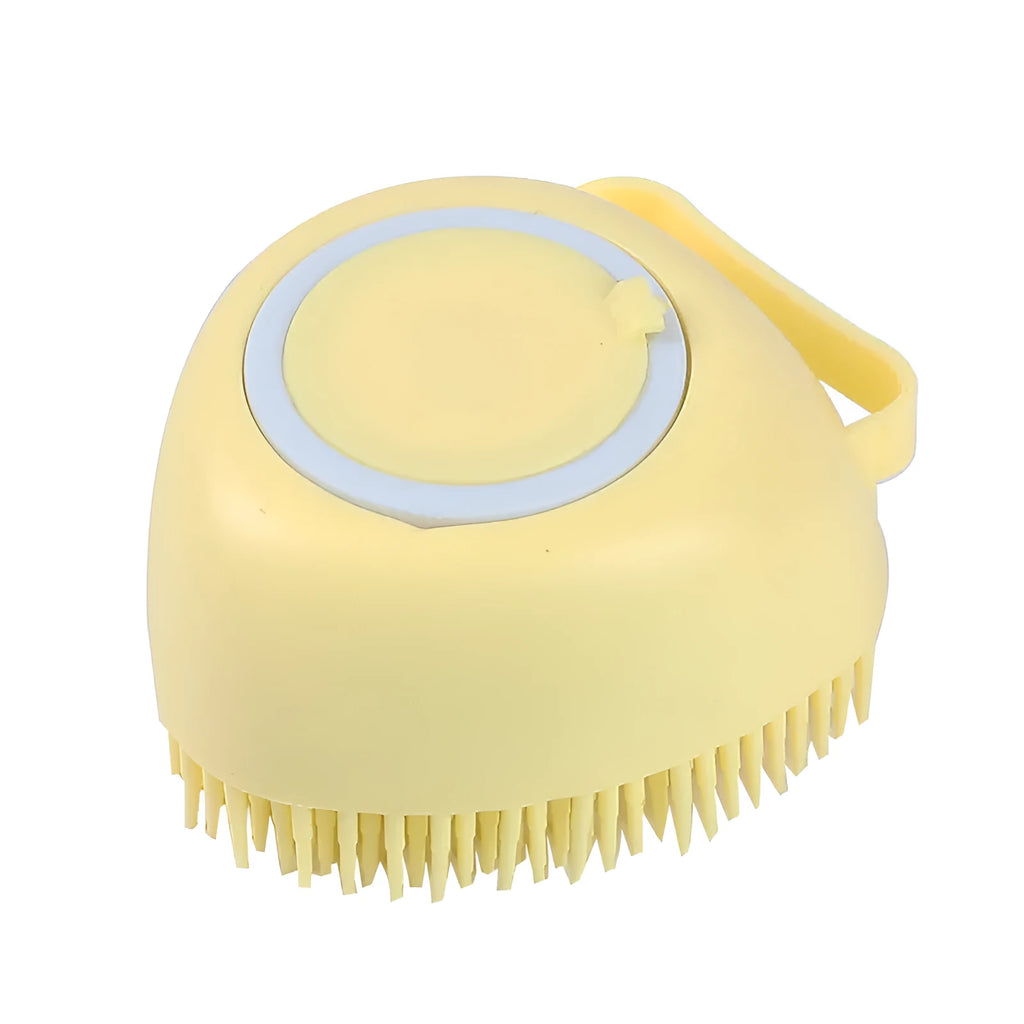 Silicone dog bath brush in blue, pink, and yellow – 9x6x8.5cm pack size