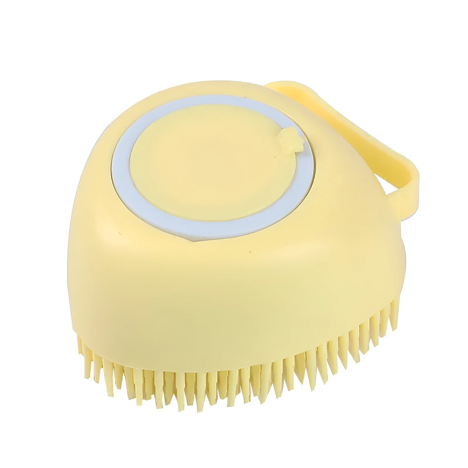 Silicone dog bath brush in blue, pink, and yellow – 9x6x8.5cm pack size