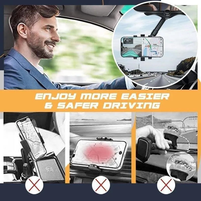 Black rearview mirror car phone holder with 360-degree rotation and telescopic arm extended