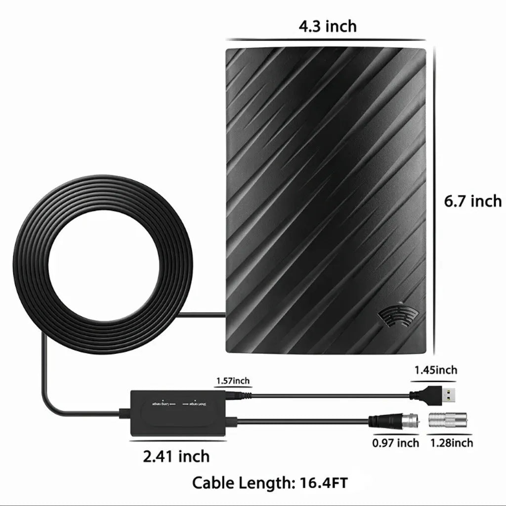 Black plastic digital television antenna with expansion tube and mounting screws on a white background.
