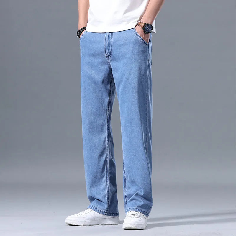 Men's lyocell loose straight-leg casual jeans in light blue with zipper fly, size 30