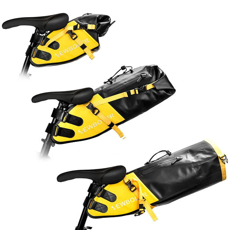 Waterproof black PVC bicycle tail bag with 13L capacity mounted on a bike.