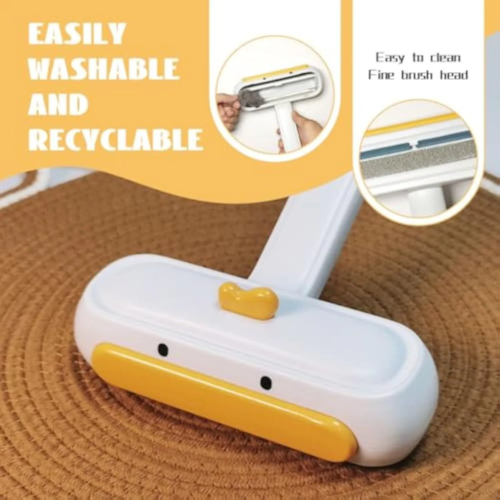 Portable pet hair remover with yellow duck cartoon design and polyester bristles