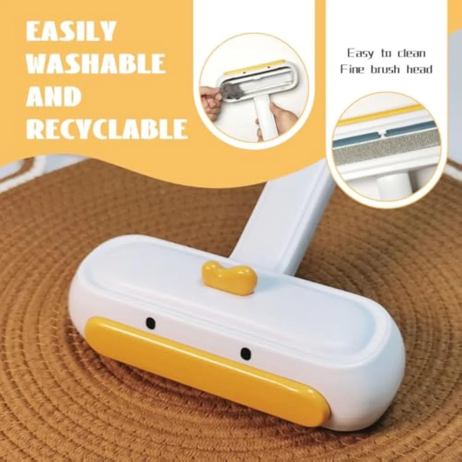 Portable pet hair remover with yellow duck cartoon design and polyester bristles