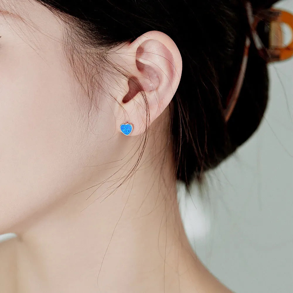 925 silver love opal earrings, heart shape, blue electroplated fairy style for women