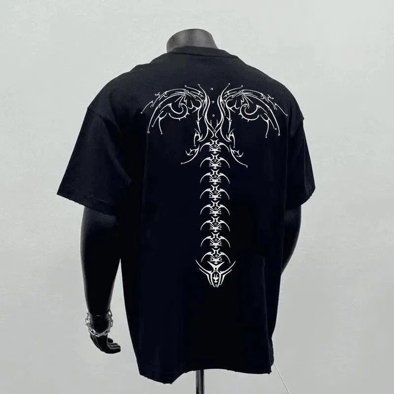 Men's black loose fit short sleeve cotton t-shirt with a print, laid flat.