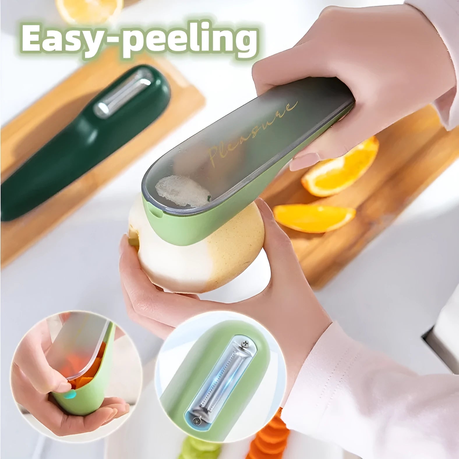 Dark green kitchen peeler with storage tube and stainless steel blade for fruits and vegetables