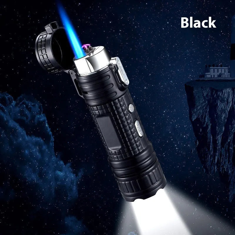 TH727 multifunction metal torch lighter in camouflage colour showing combined flashlight and lighter design.