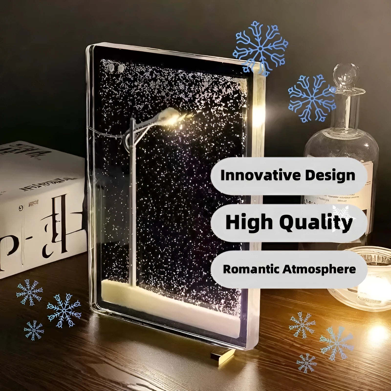 DIY material kit for building a snowy landscape night light with small street lamp and LED effects.