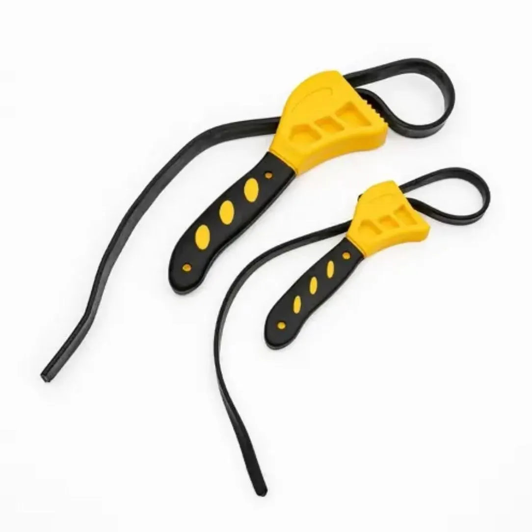 Two adjustable rubber strap wrenches, a 6-inch and an 8-inch model, with phosphated steel handles on a workbench.