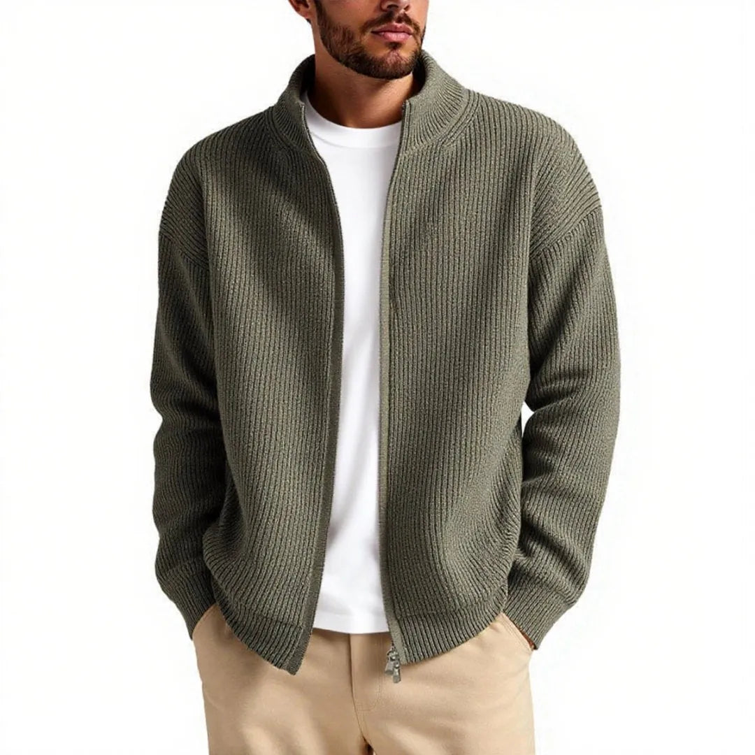 Man wearing a loose fit grey cardigan sweater for casual leisure wear