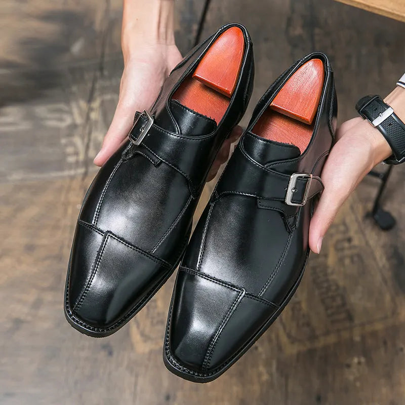 Men's brown blue and black British retro buckle casual leather shoes with tall crown design