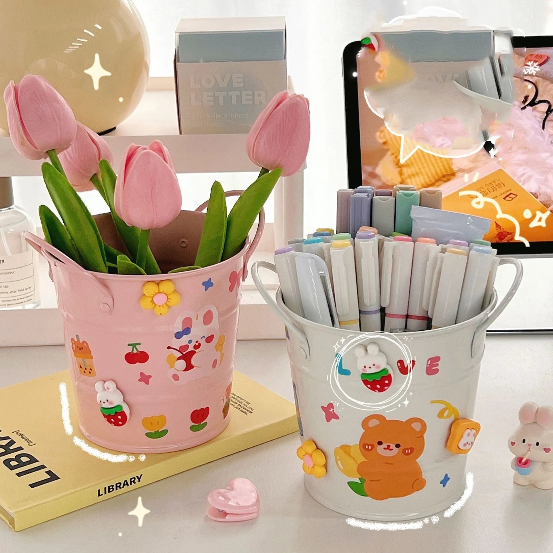 Round metal desktop pen holder in a choice of colours with optional sticker patch