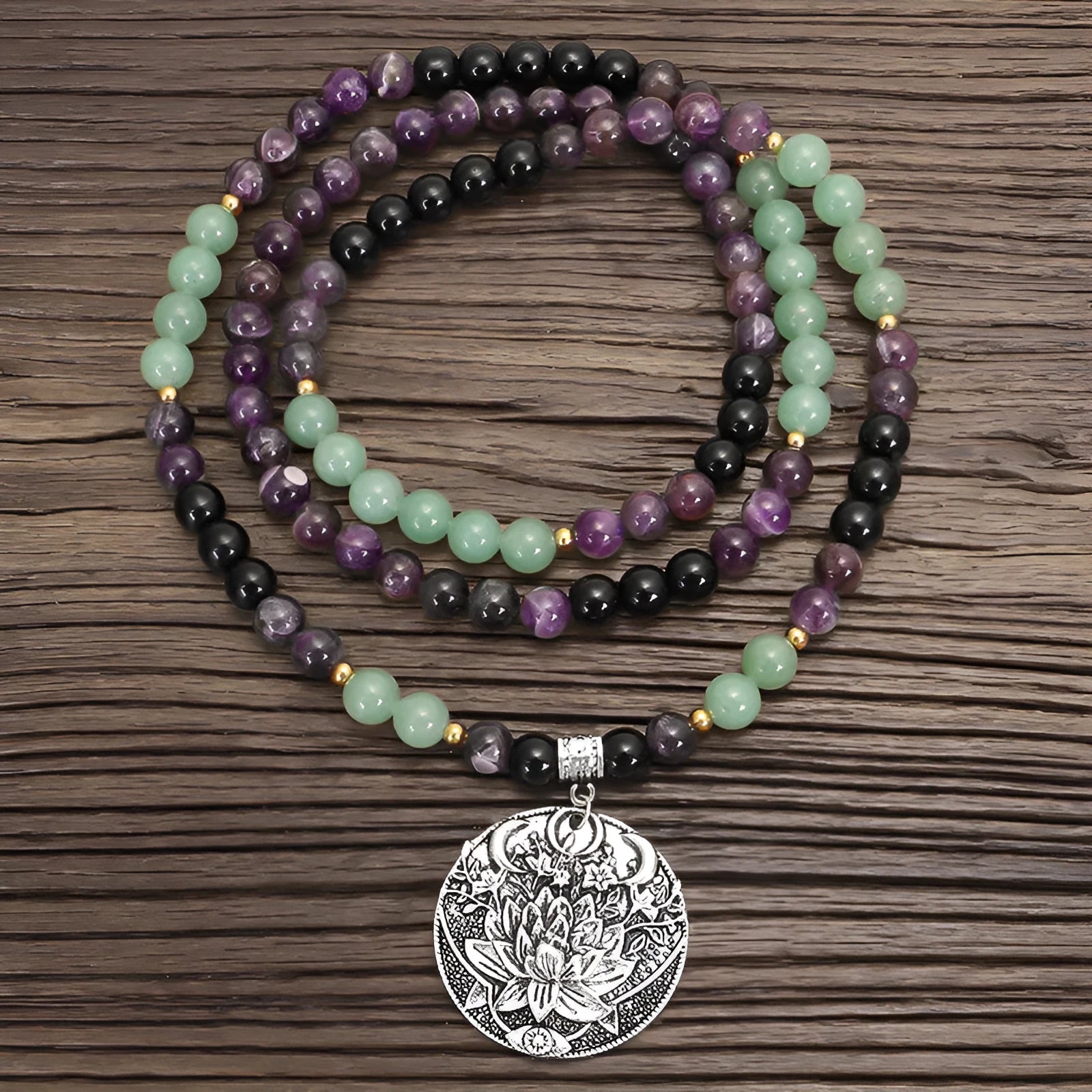 Dongling Long yoga lotus pendant necklace with stone bead chain and matching bracelet