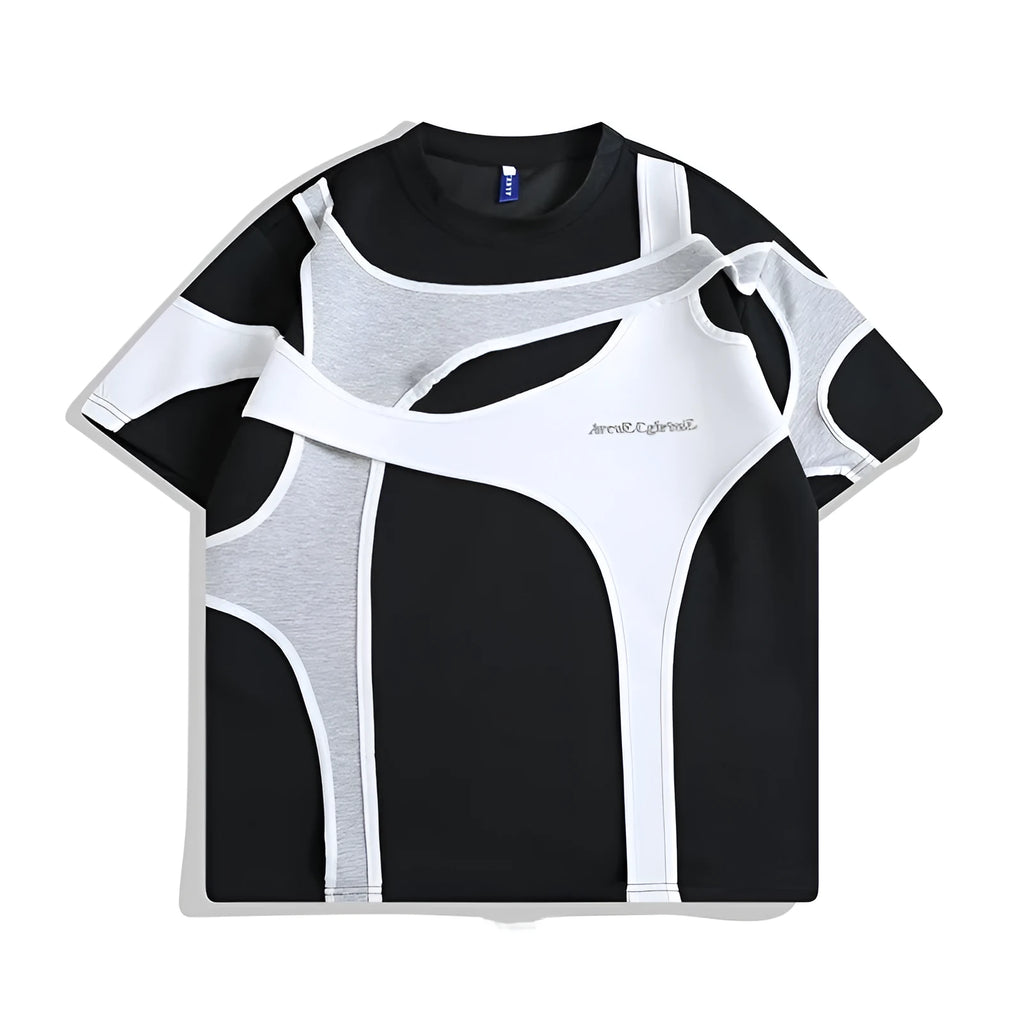 Black and white double-layer stitching padded shoulder T-shirt with round neck collar and short sleeves