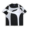 Black and white double-layer stitching padded shoulder T-shirt with round neck collar and short sleeves