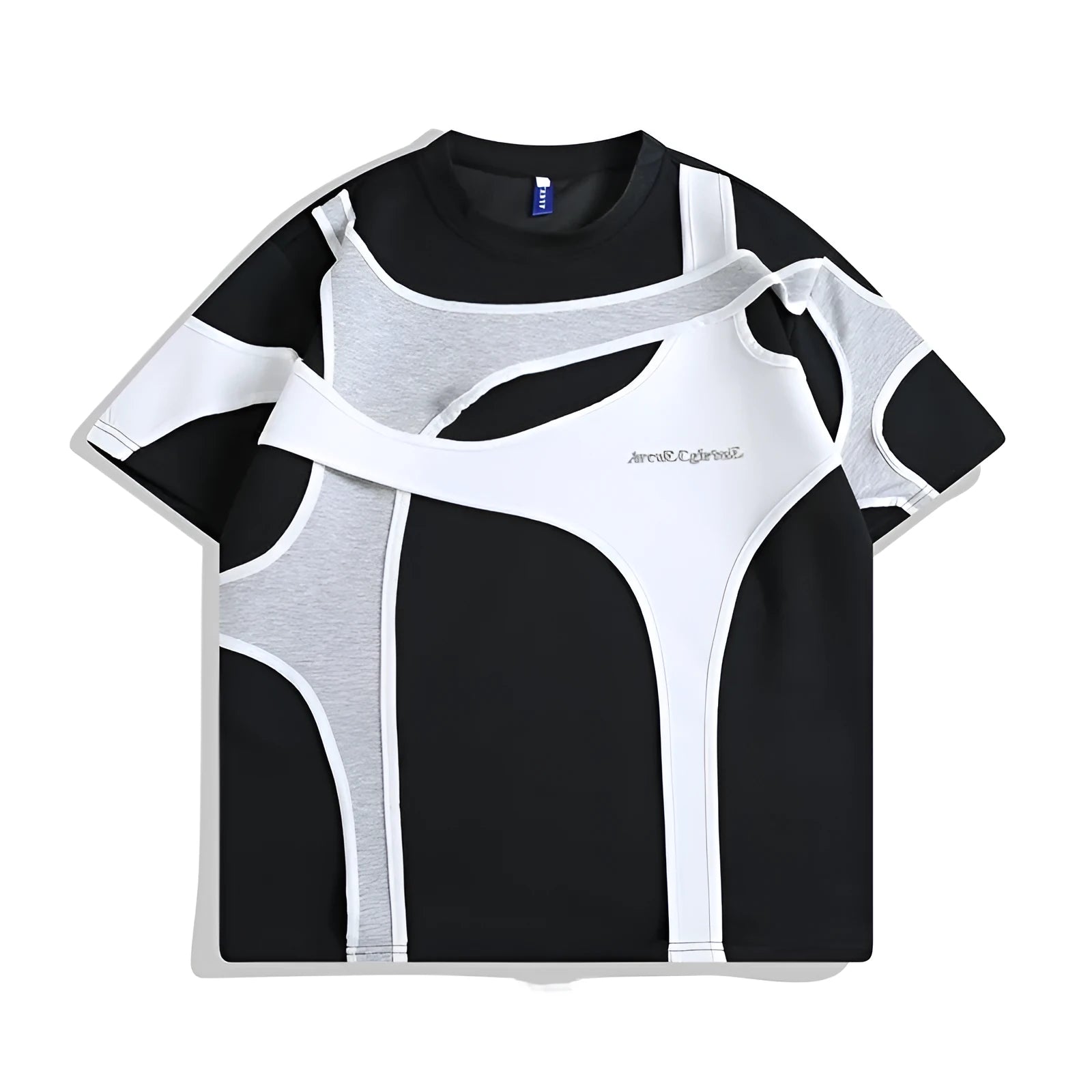 Black and white double-layer stitching padded shoulder T-shirt with round neck collar and short sleeves