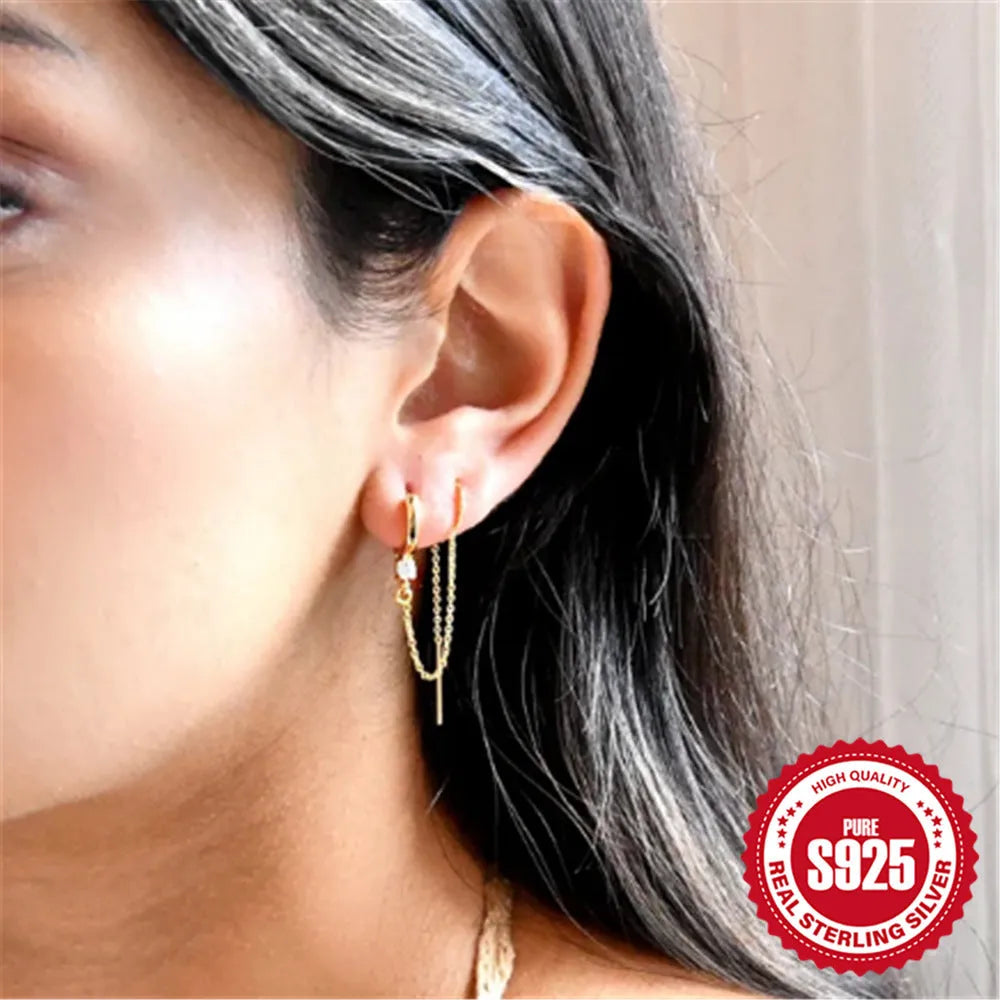 S925 sterling silver geometric ear studs with diamond flower and tassel chain detail in gold colour