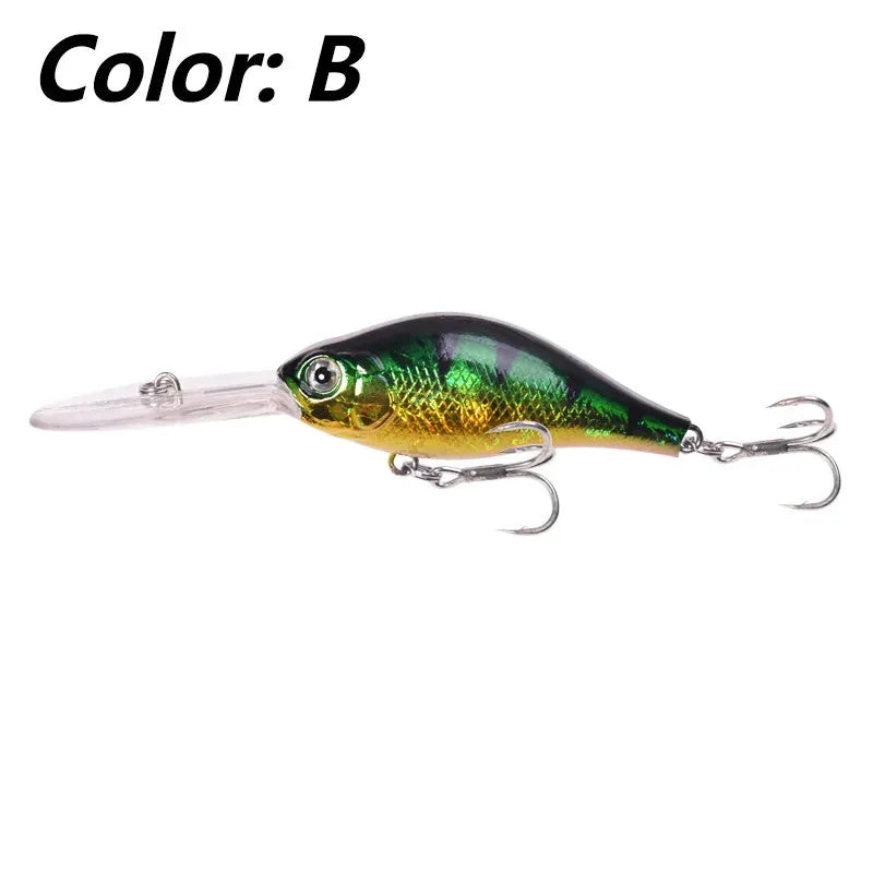 Deep diving fishing lure with long lip, 10.5cm length, in assorted colour patterns