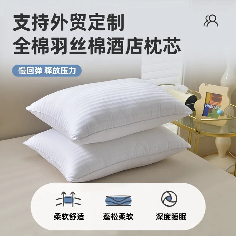 White cotton satin stripe pillow with feather and cotton fill, shown in 45cm, 48cm, and 50cm width options.