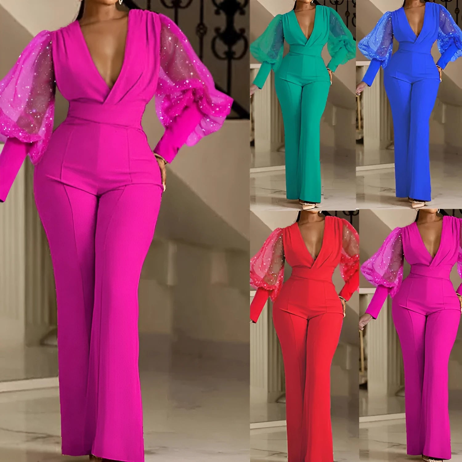 Red women's jumpsuit with mesh stitching, long sleeves, elastic waist, and wide-leg trousers laid flat.