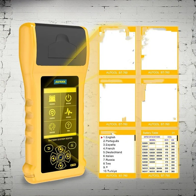 Autool BT760 car battery tester with colour screen and attached battery clips on a workbench