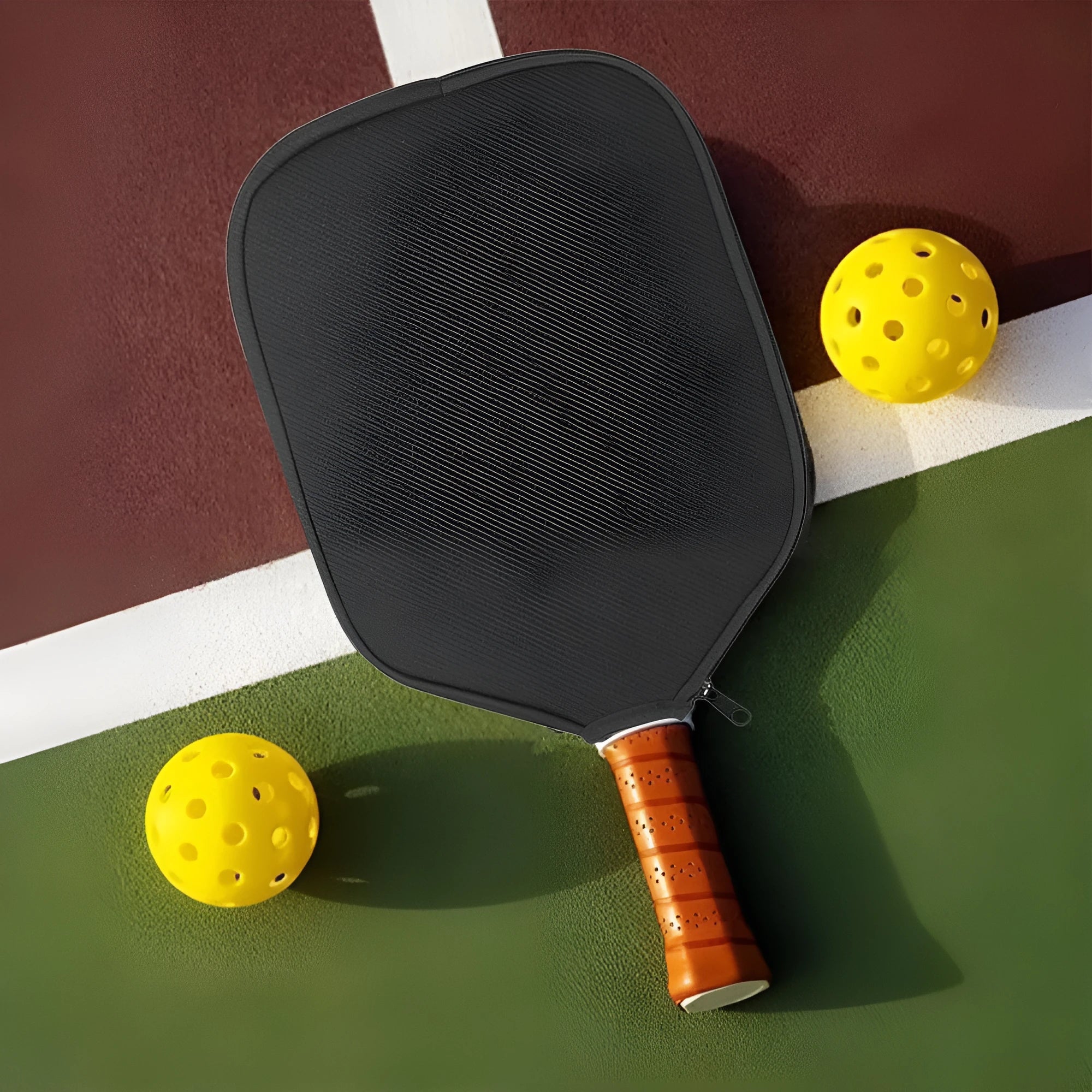Black neoprene protective sleeve for table tennis racket, laid flat on surface