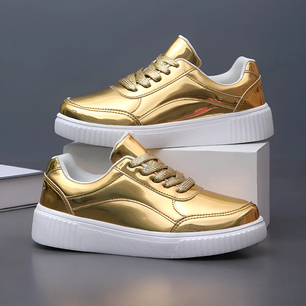 Rose gold sequined platform sneakers with round toe and thick MD sole