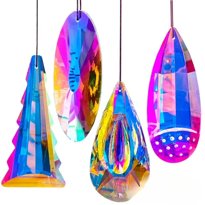 Rainbow electroplated crystal Christmas tree pendant decoration for garden or indoor hanging.