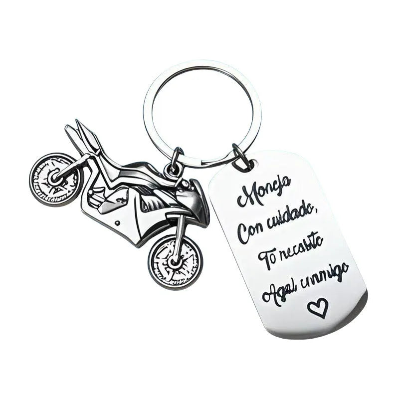 Stainless steel motorcycle keychain with modern simplicity design and velvet cloth packaging