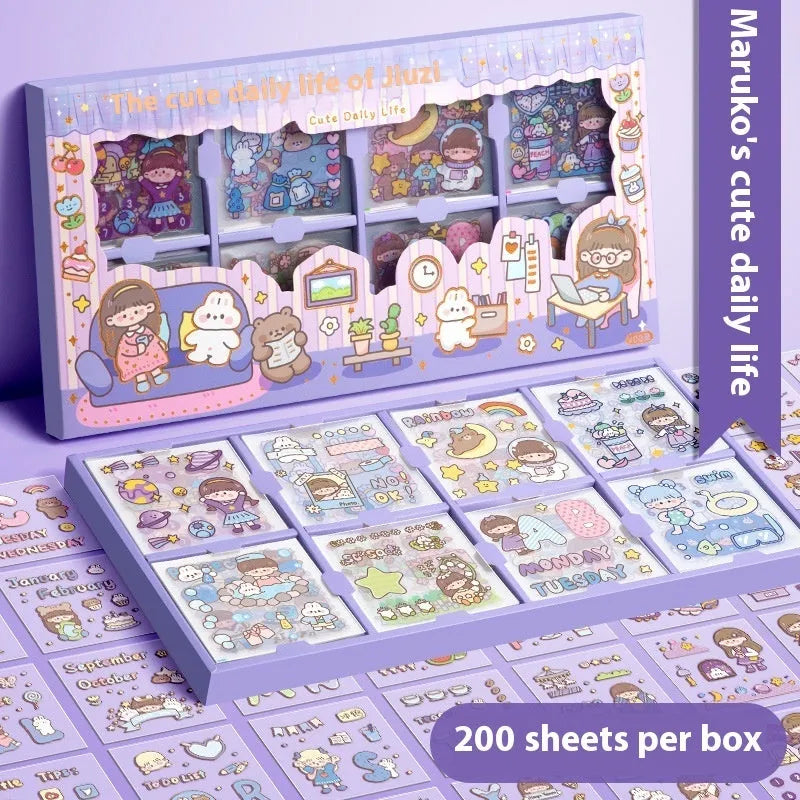 Children's themed reusable sticker set showing five colour designs in goo card notebook post format
