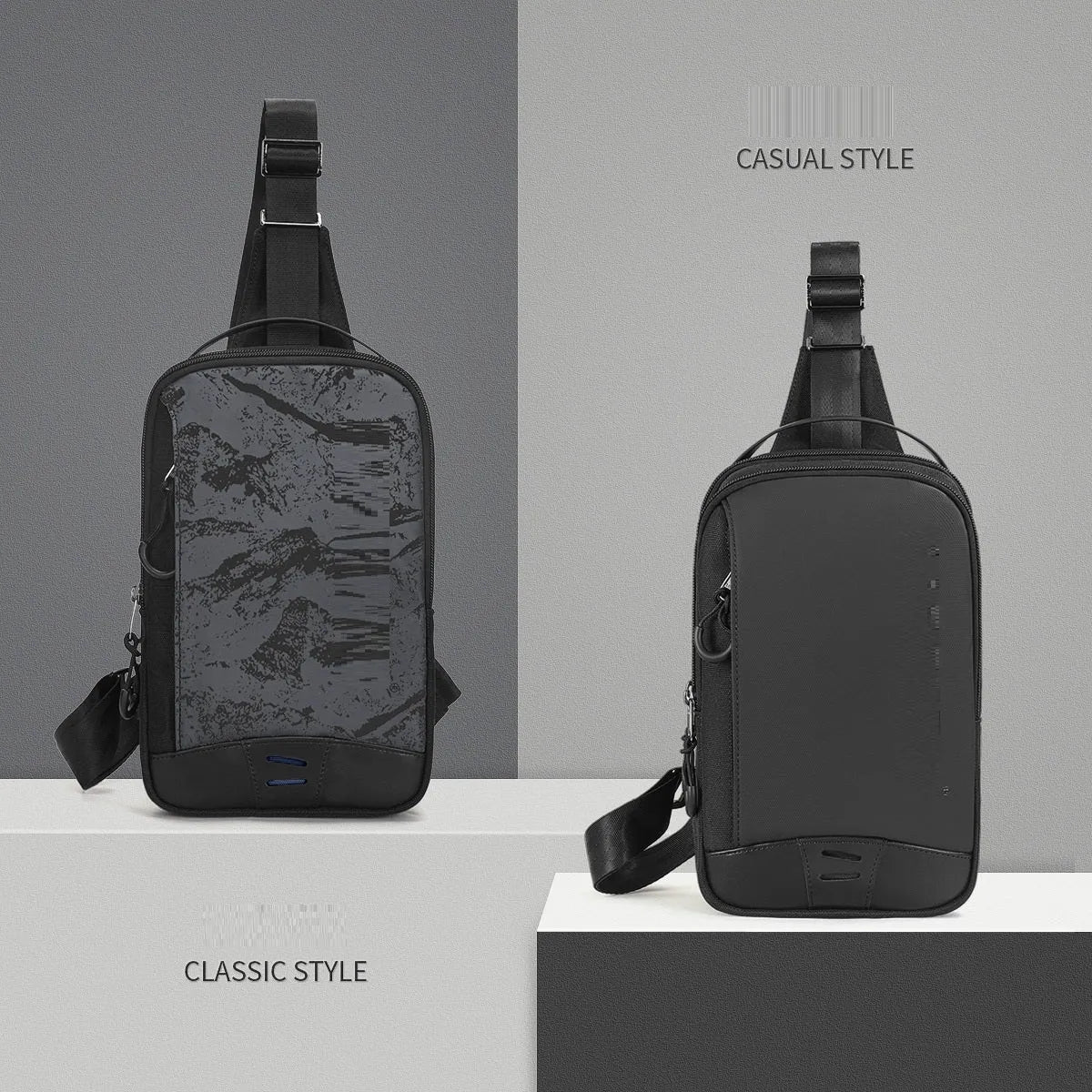 Casual black TPU waterproof chest bag with landscape camouflage pattern and single shoulder strap