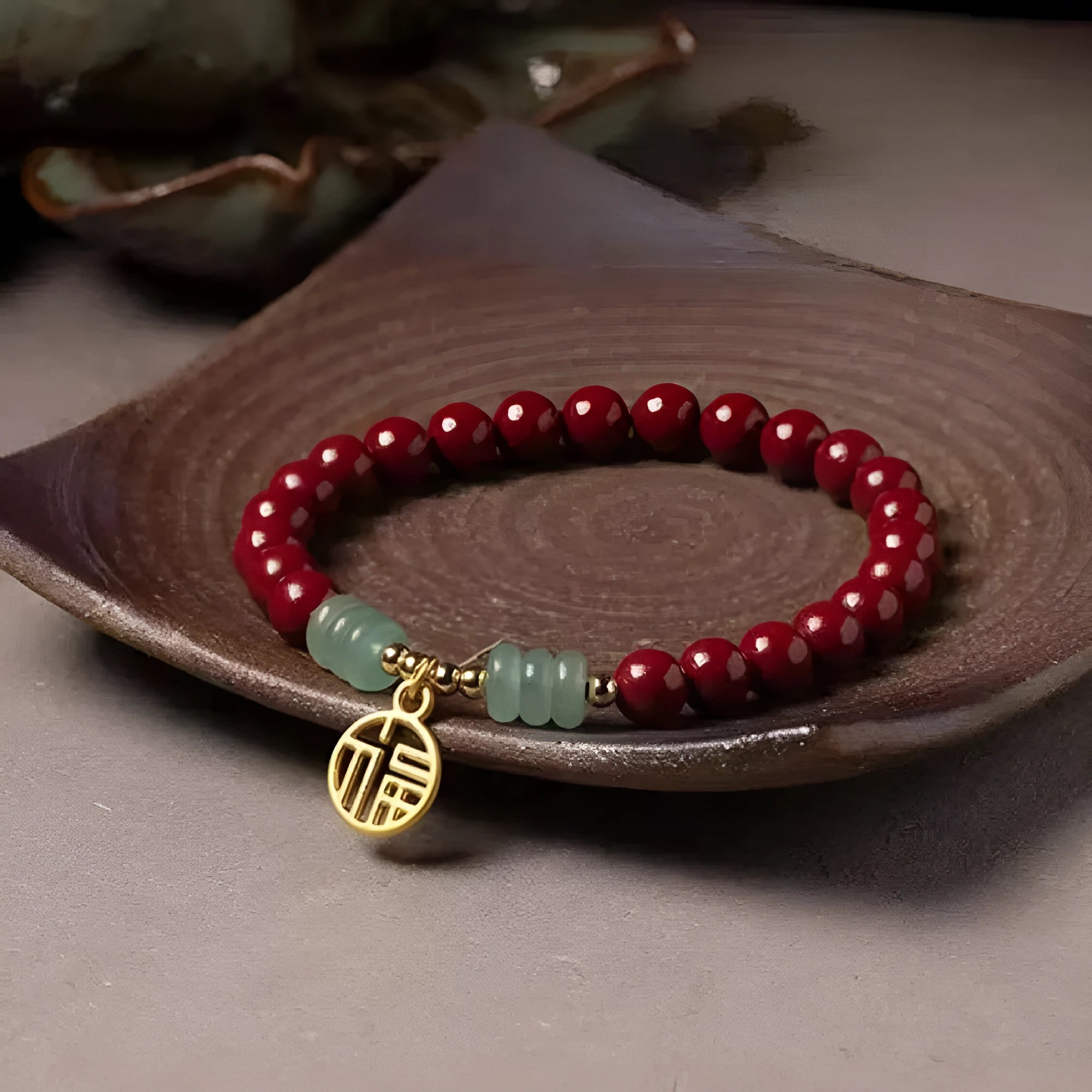 Gold cinnabar wave bracelet with copper bead on wrist, unisex national style