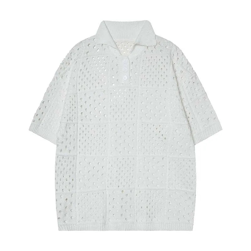 Men's solid colour short-sleeved polo shirt with a hollow knit texture, shown in black and white.