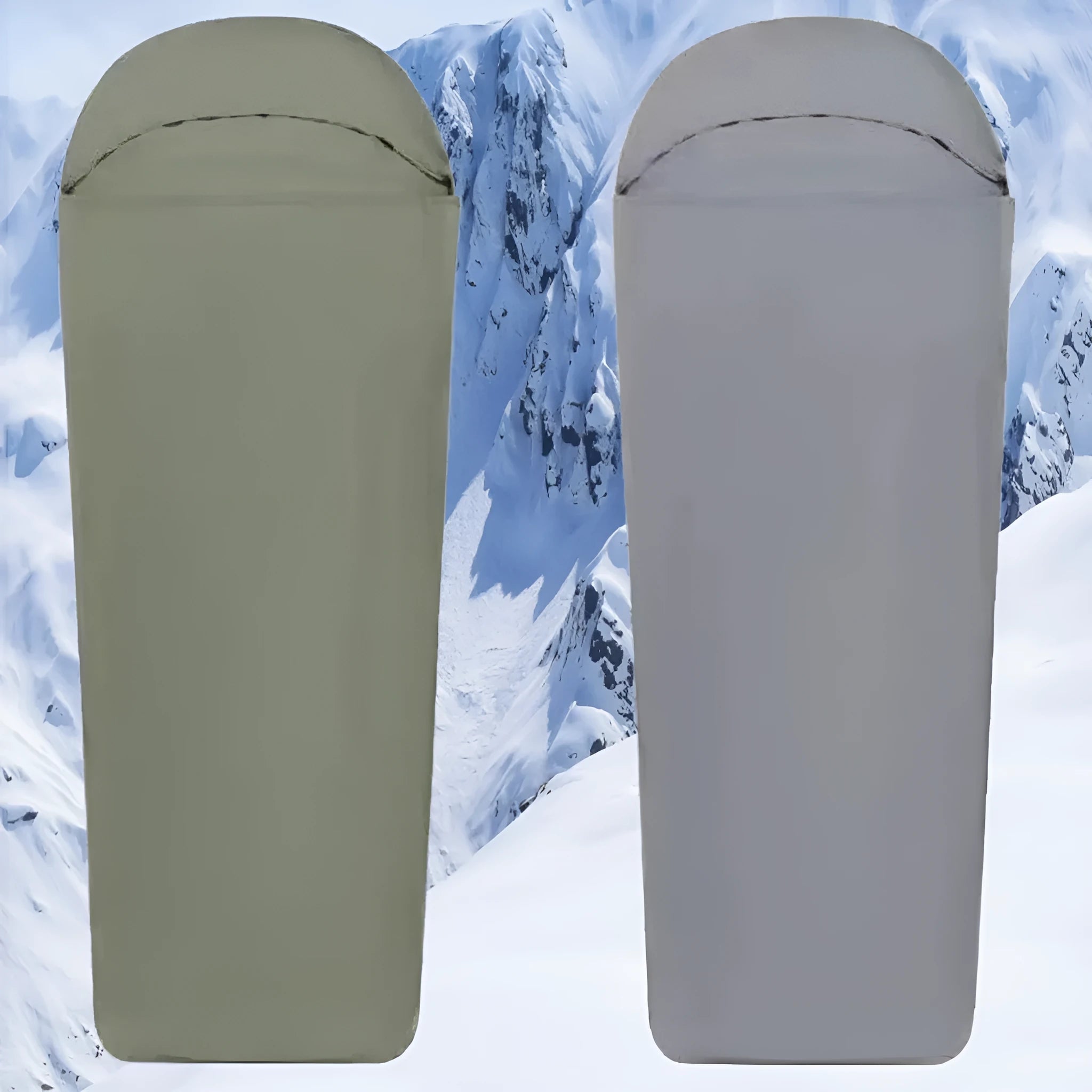 Blue and green nylon mummy-style camping sleeping bag showing packed dimensions