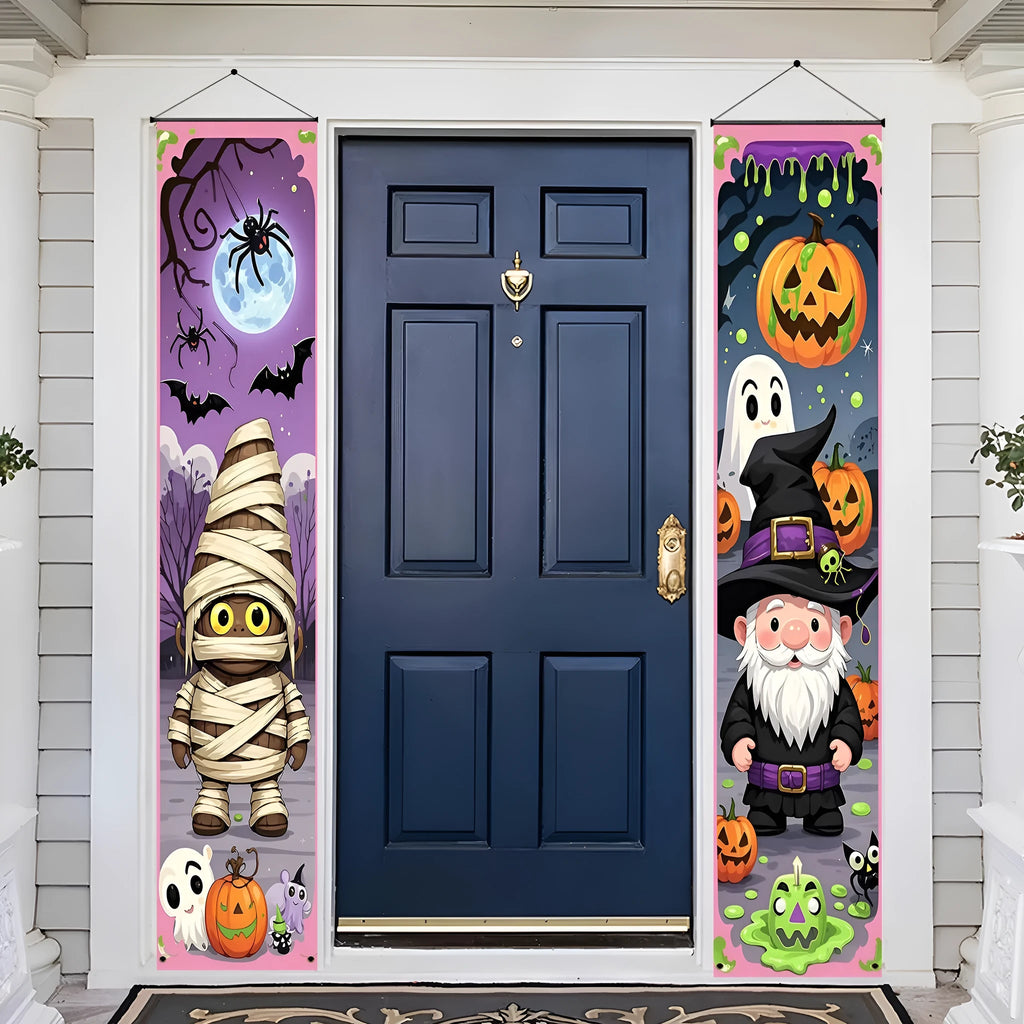 Pair of tall polyester Halloween couplet hanging flags 30x180cm for party decoration