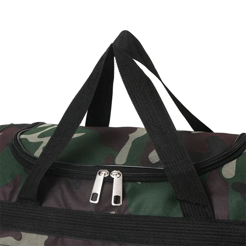Camouflage pattern waterproof luggage bag with striped polyester lining showing under 20L capacity