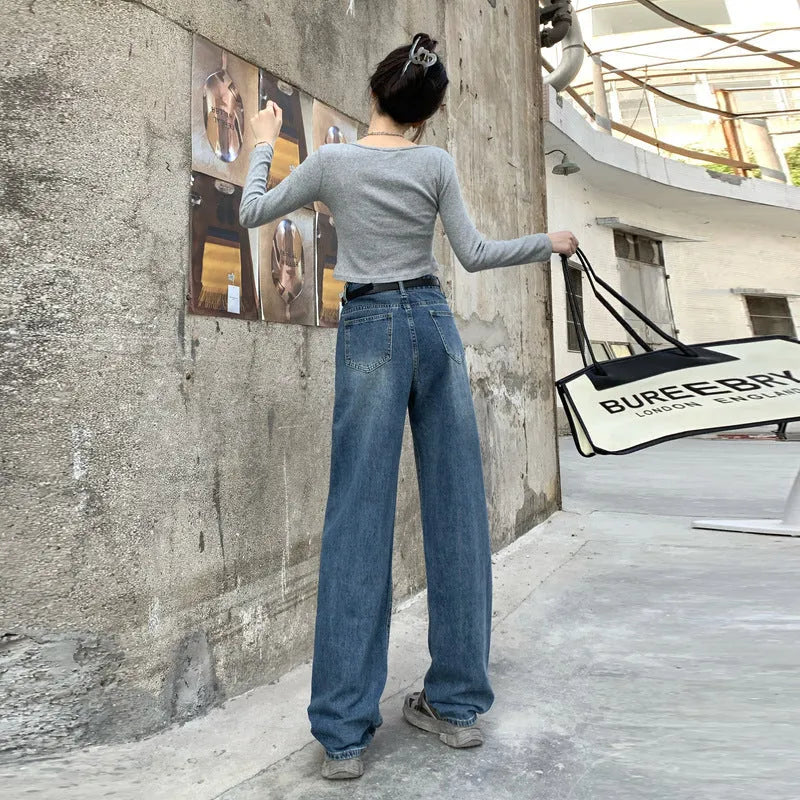 Women's retro blue high waist straight leg jeans in cotton denim showing front and back views