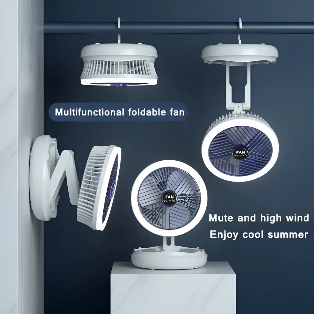 USB charging foldable table fan with LED light and 300-degree rotation on a desk