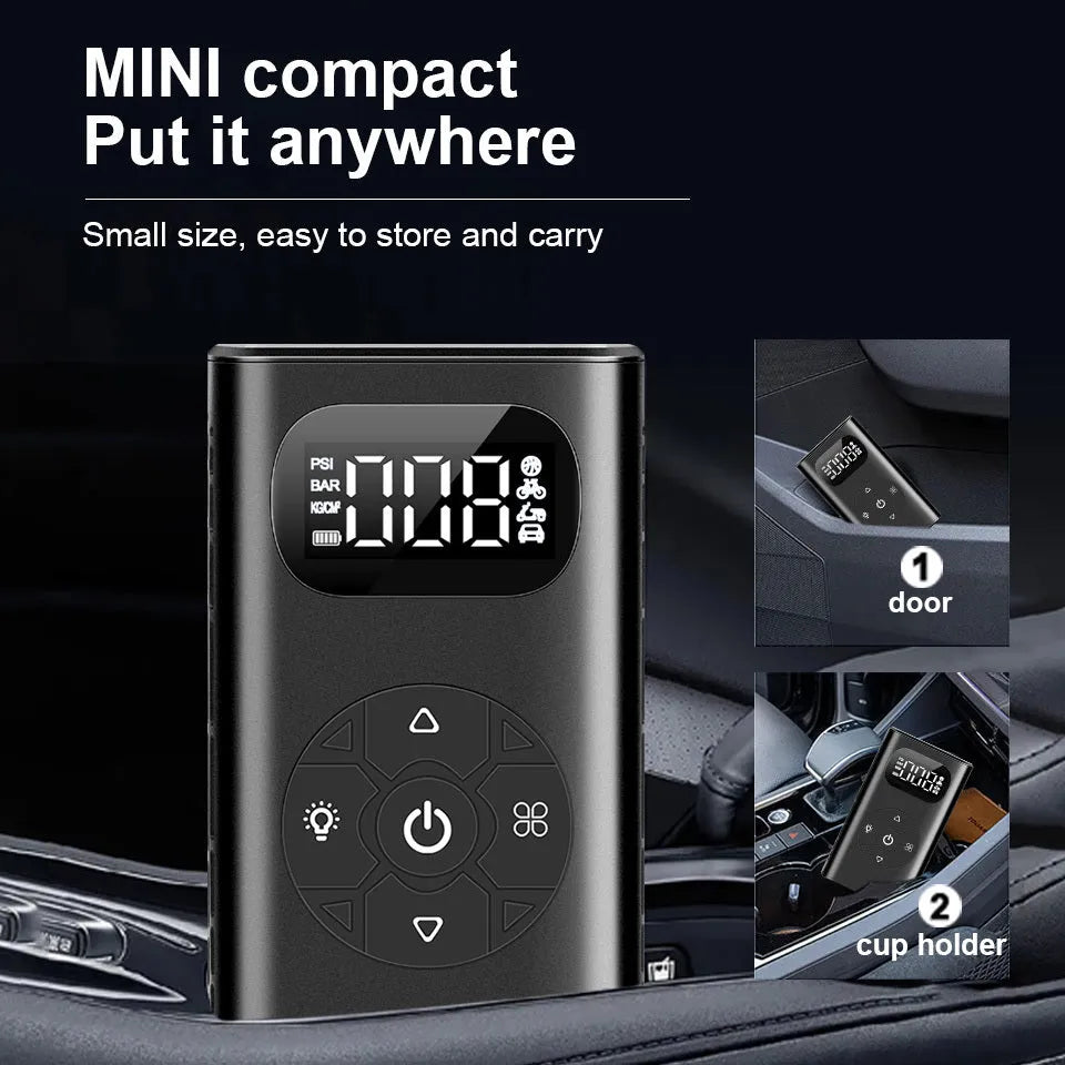Black M09X portable power bank tyre inflator with USB cable and inflatable tube