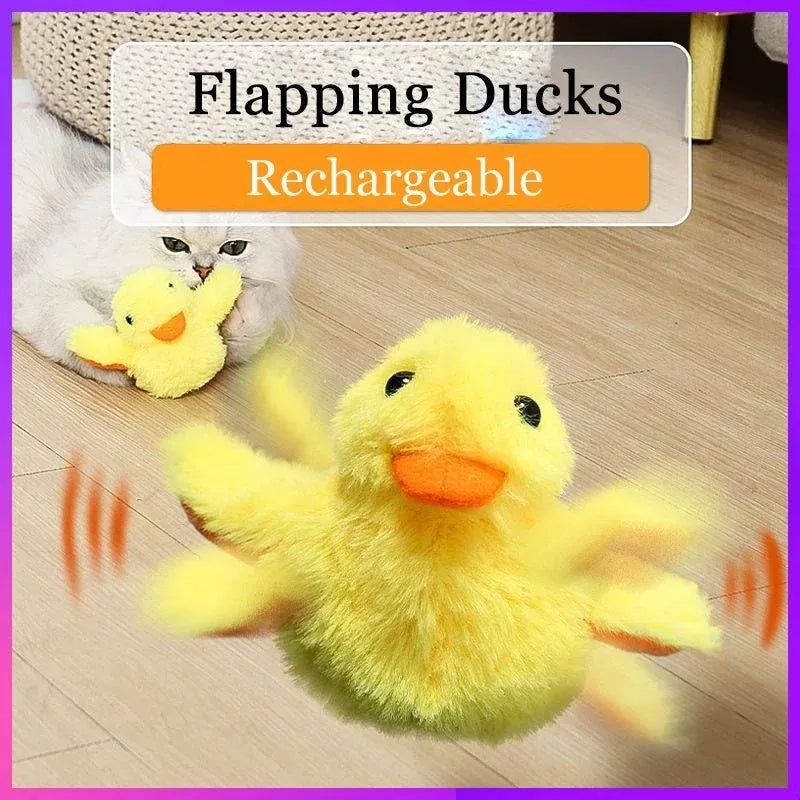 Yellow flapping duck cat toy with USB charging cable for interactive play