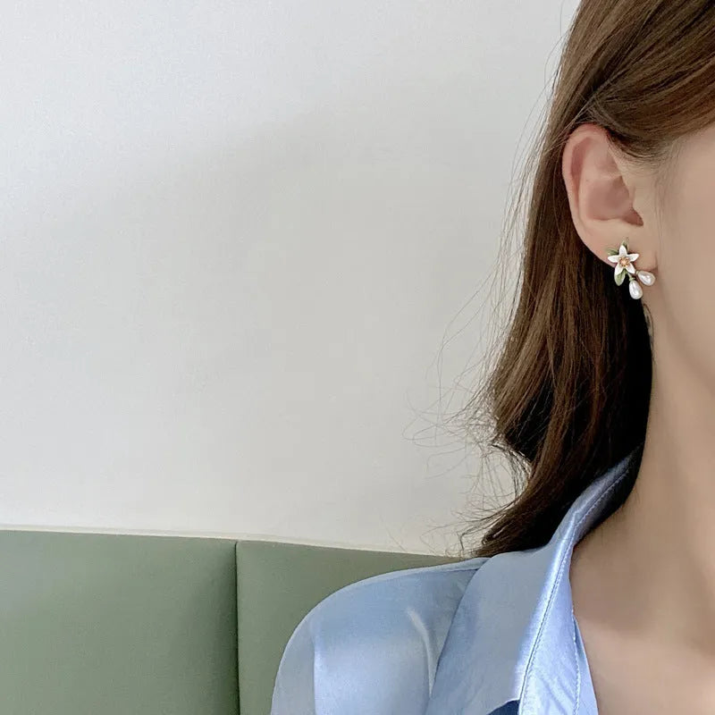 Alloy camellia flower earrings for women, contrast colour, sterling silver needle, stud and clip pairs