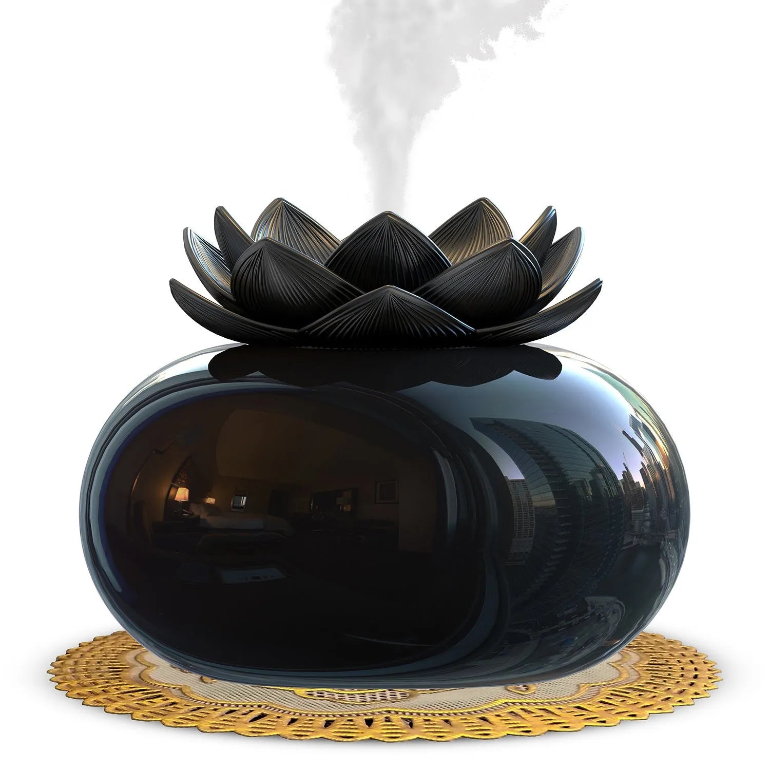 Pure black round Lotus ultrasonic humidifier with USB cable and ceramic base