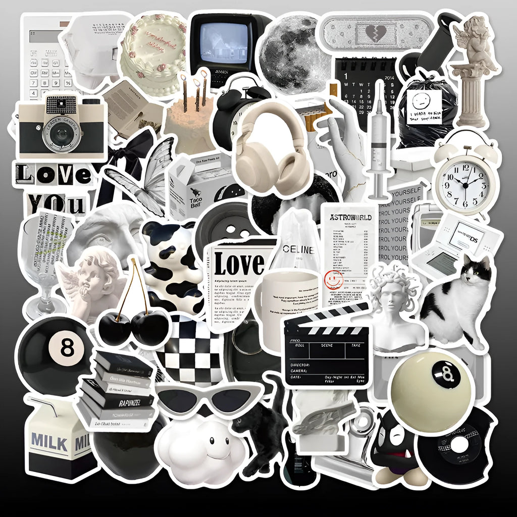 61 black and white PVC waterproof stickers for laptops, phones and multiple surfaces